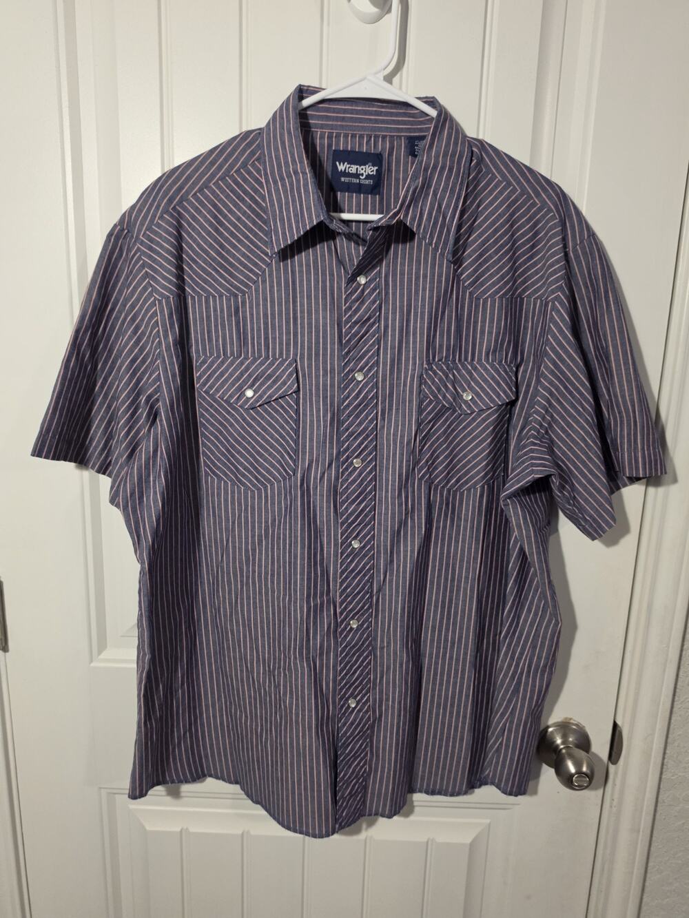 Wrangler Western Shirt Mens XL Navy Stripe Pearl Snap Short Sleeve Cowboy